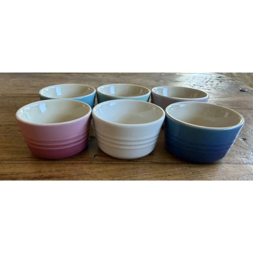 Le Creuset Stoneware Multicolor Set of 6 3.5oz Mini Ramekins Rose Q Mint NEW